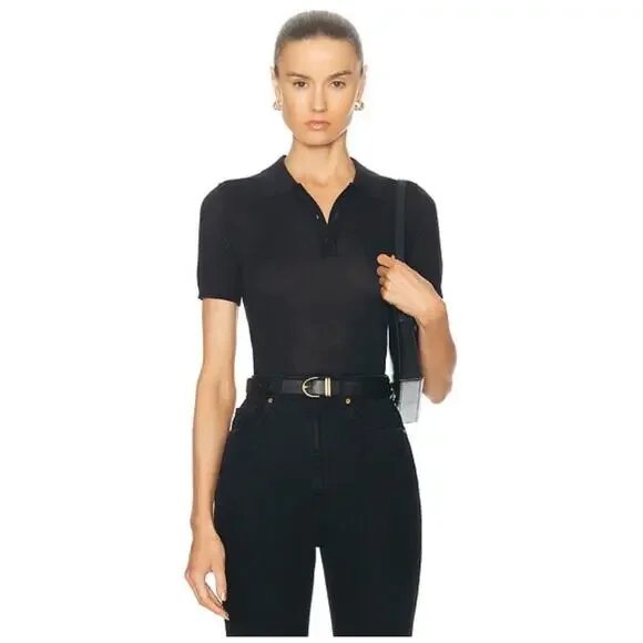 Nili Lotan Jeannelle Merino Wool Cashmere Polo Top in Black M